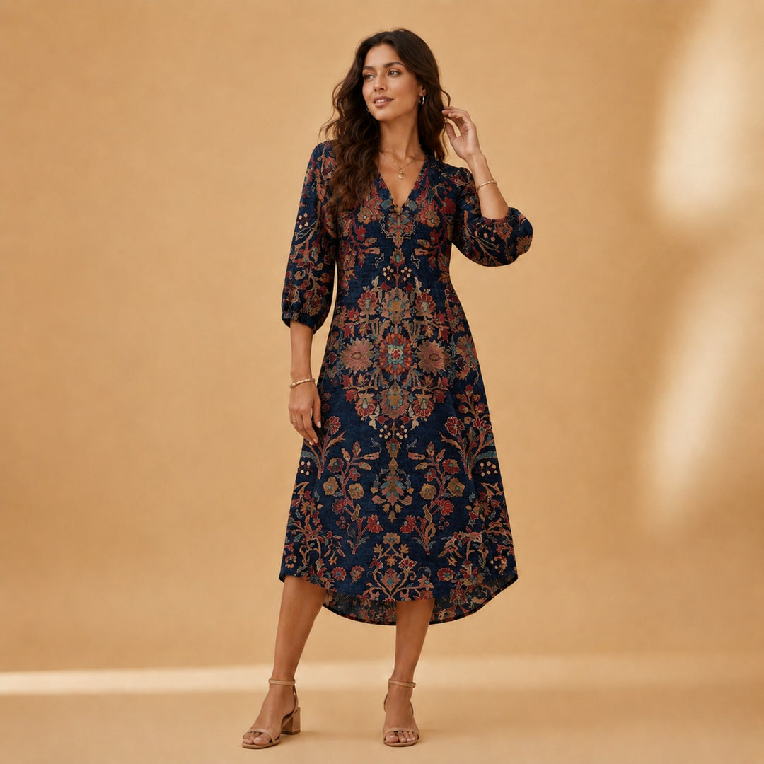 Cristina | Vestido Midi de Linho Estampado Mulher Decote V