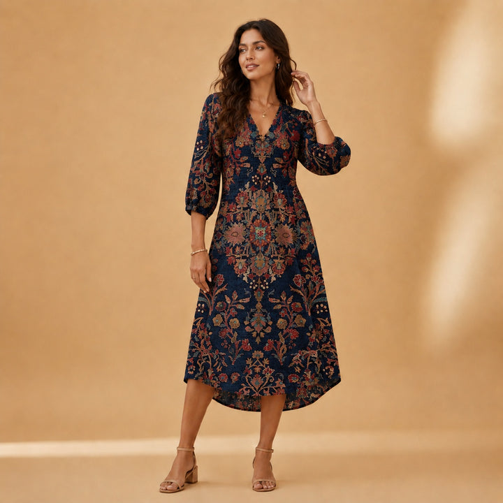 Cristina | Vestido Midi de Linho Estampado Mulher Decote V