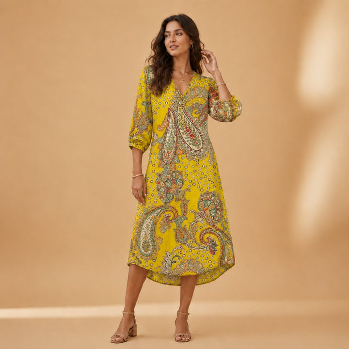 Cristina | Vestido Midi de Linho Estampado Mulher Decote V