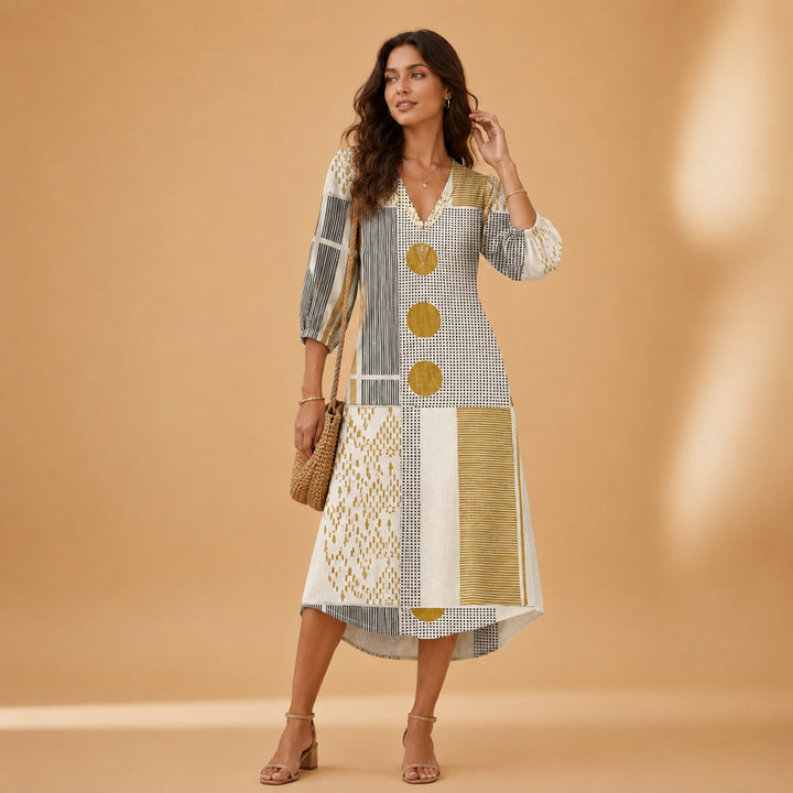 Cristina | Vestido Midi de Linho Estampado Mulher Decote V