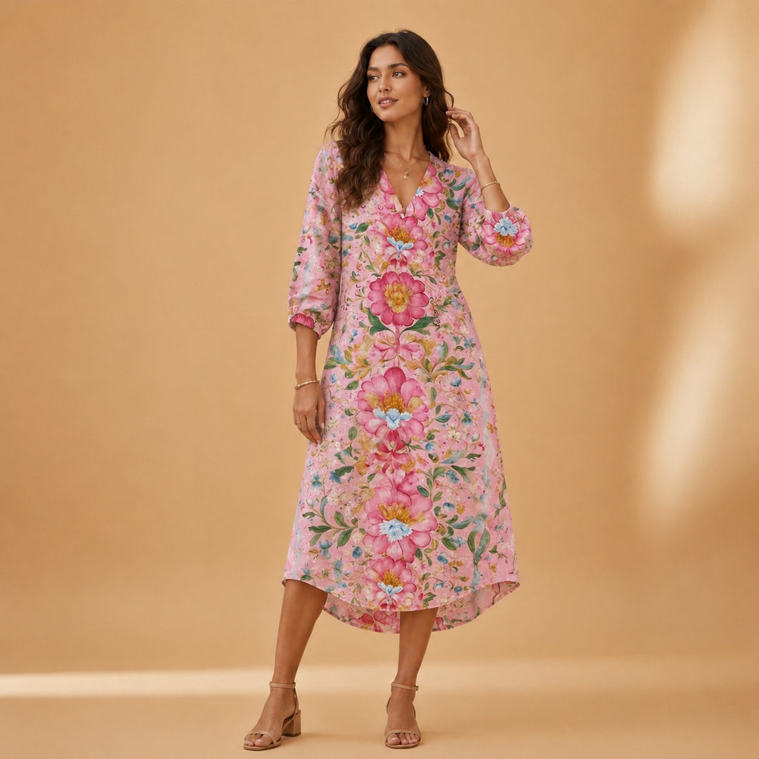 Cristina | Vestido Midi de Linho Estampado Mulher Decote V