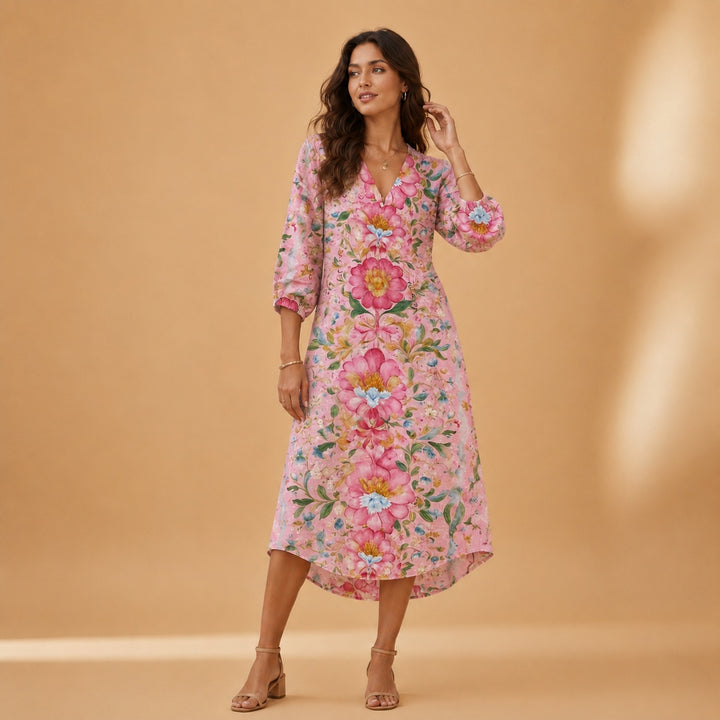Cristina | Vestido Midi de Linho Estampado Mulher Decote V
