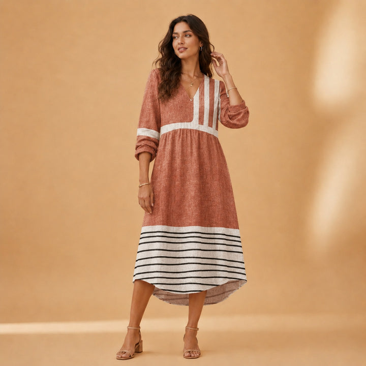 Cristina | Vestido Midi de Linho Estampado Mulher Decote V