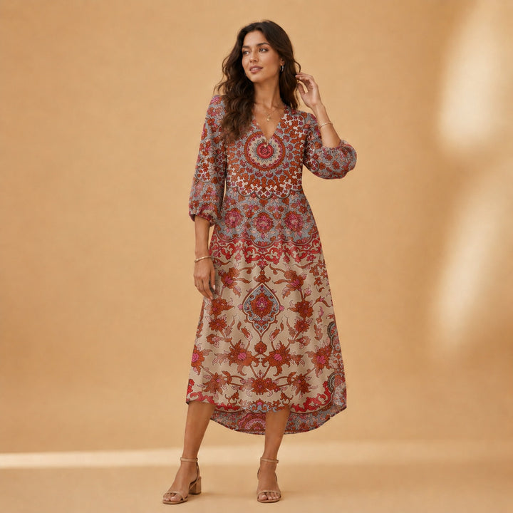 Cristina | Vestido Midi de Linho Estampado Mulher Decote V