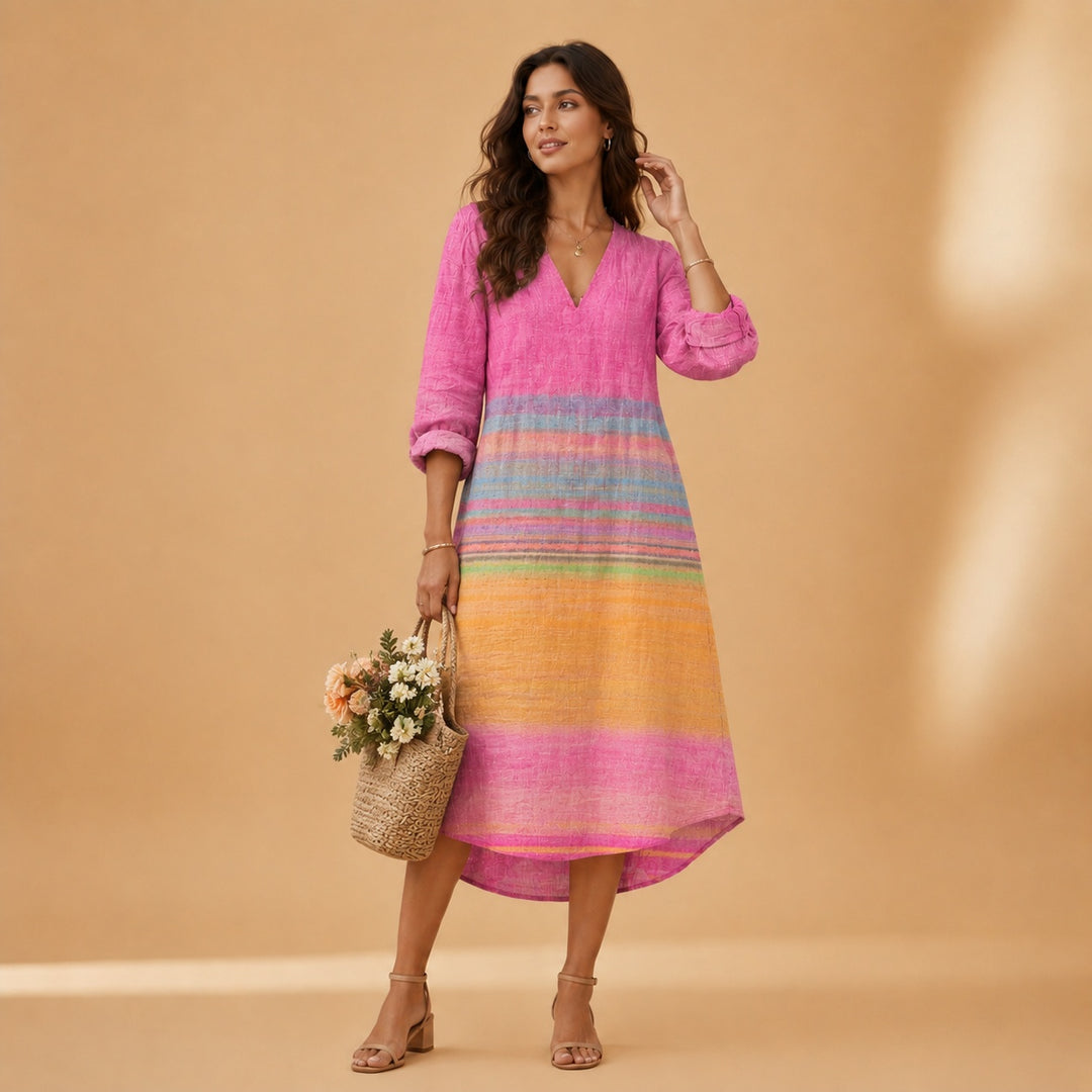 Cristina | Vestido Midi de Linho Estampado Mulher Decote V