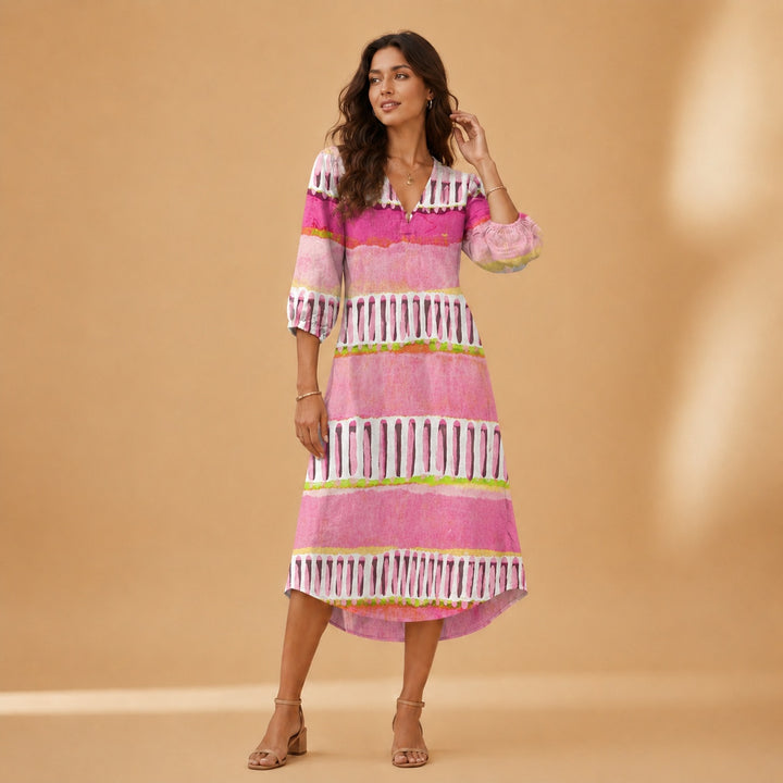 Cristina | Vestido Midi de Linho Estampado Mulher Decote V