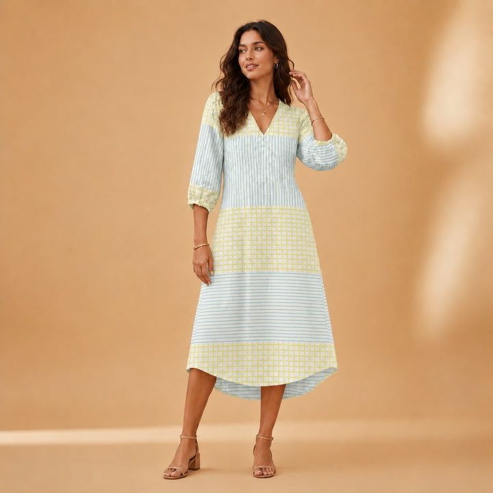 Cristina | Vestido Midi de Linho Estampado Mulher Decote V