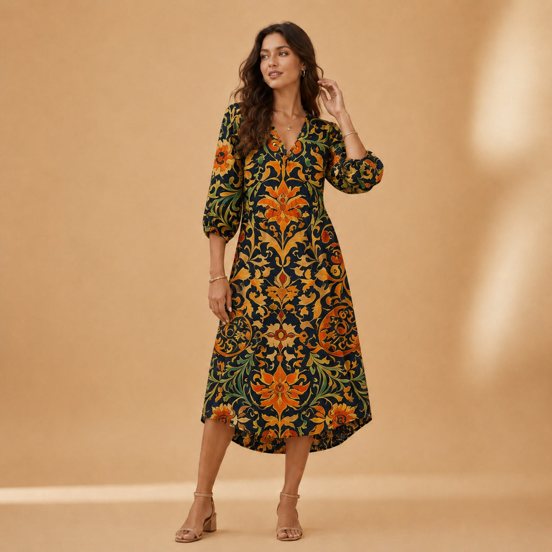 Cristina | Vestido Midi de Linho Estampado Mulher Decote V