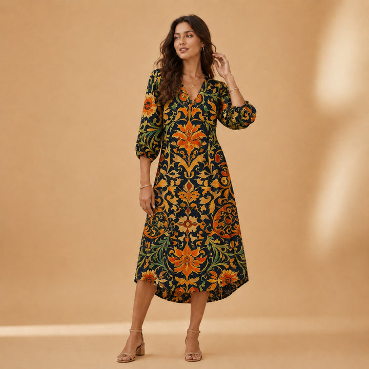 Cristina | Vestido Midi de Linho Estampado Mulher Decote V