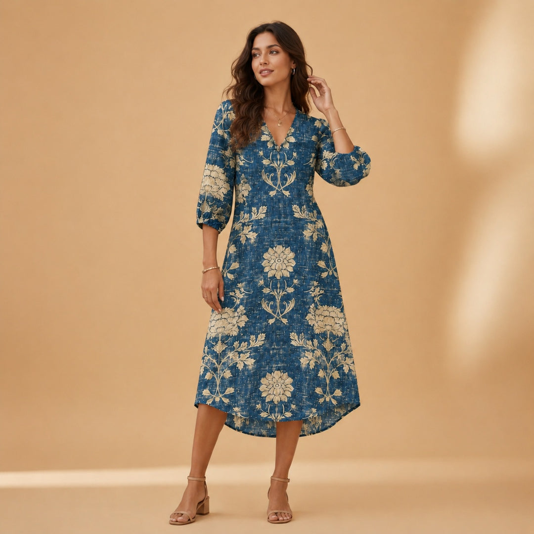 Cristina | Vestido Midi de Linho Estampado Mulher Decote V