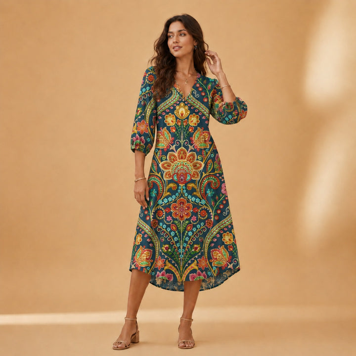 Cristina | Vestido Midi de Linho Estampado Mulher Decote V