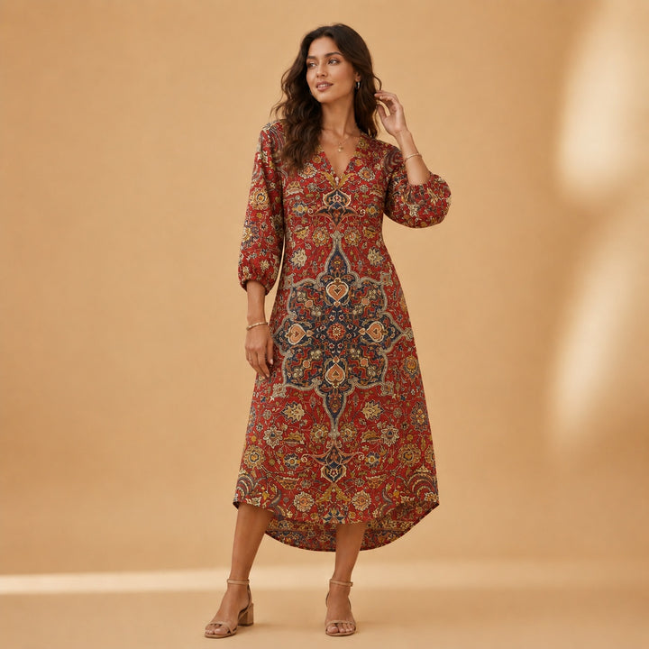 Cristina | Vestido Midi de Linho Estampado Mulher Decote V