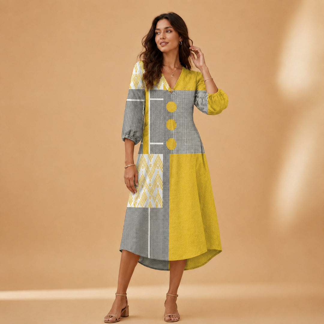 Cristina | Vestido Midi de Linho Estampado Mulher Decote V