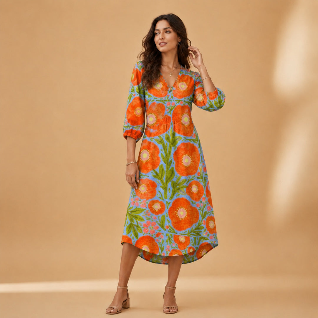 Cristina | Vestido Midi de Linho Estampado Mulher Decote V