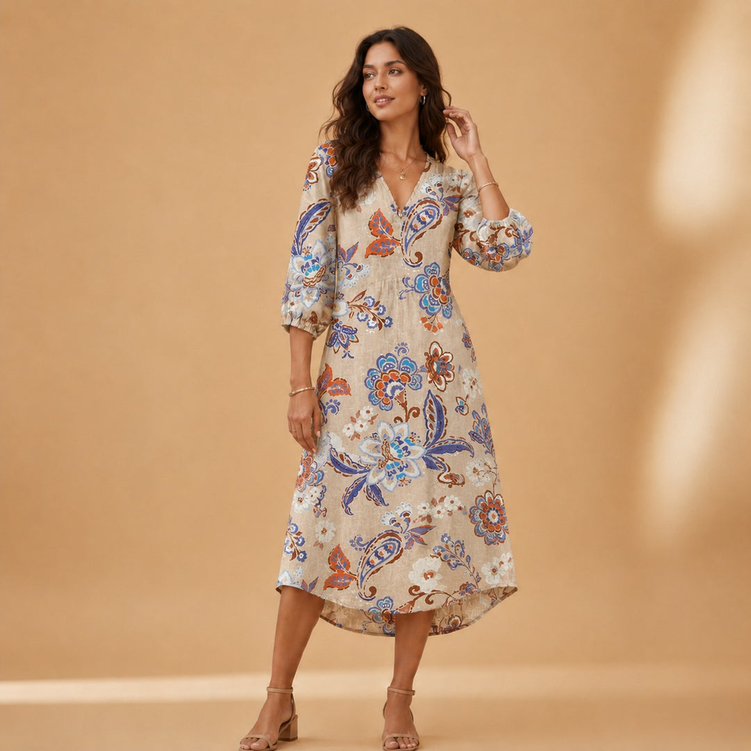 Cristina | Vestido Midi de Linho Estampado Mulher Decote V