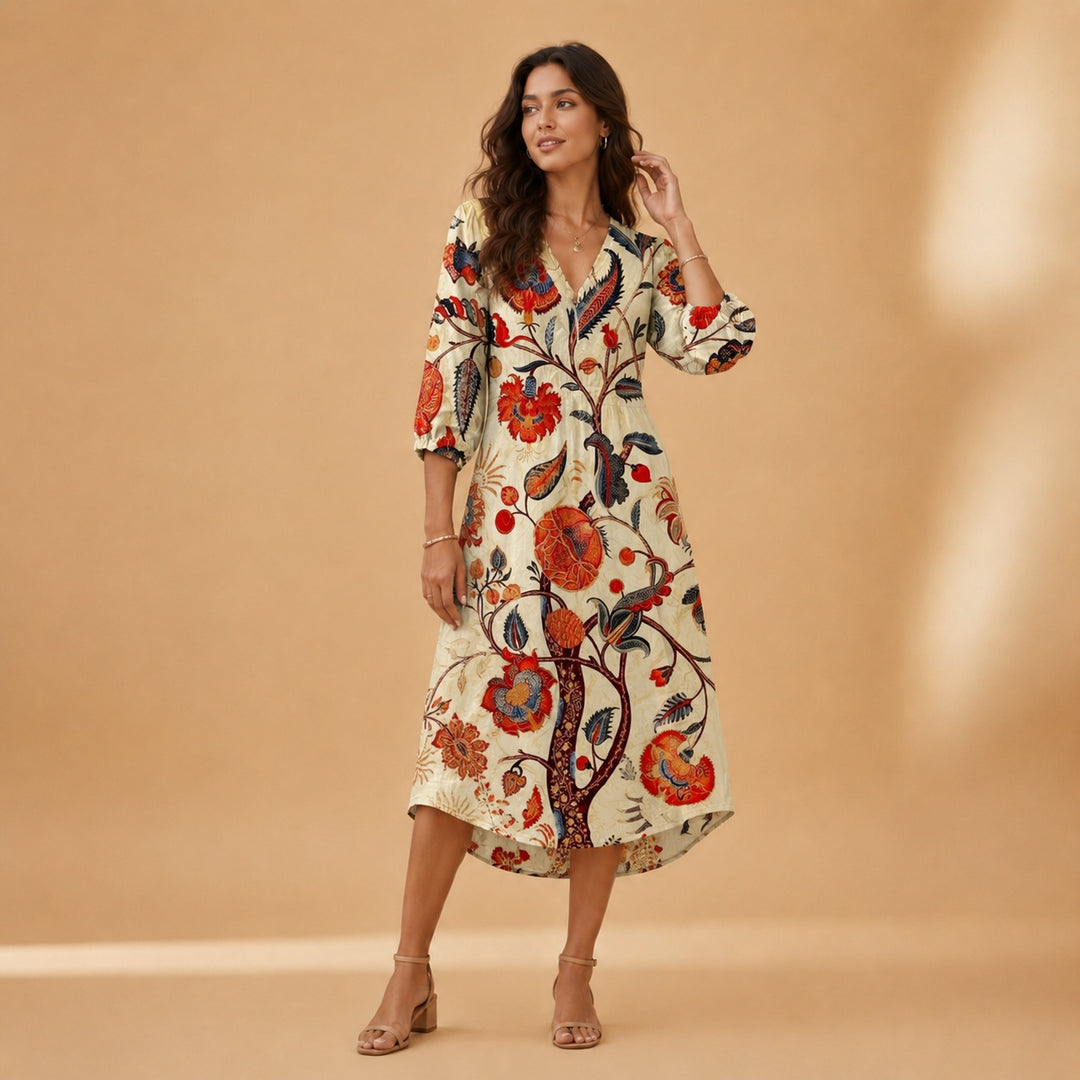 Cristina | Vestido Midi de Linho Estampado Mulher Decote V