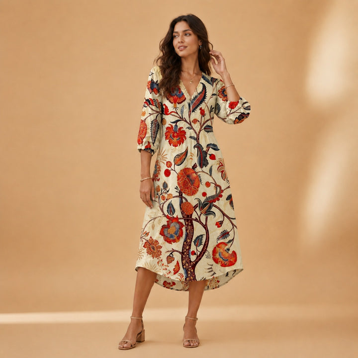 Cristina | Vestido Midi de Linho Estampado Mulher Decote V