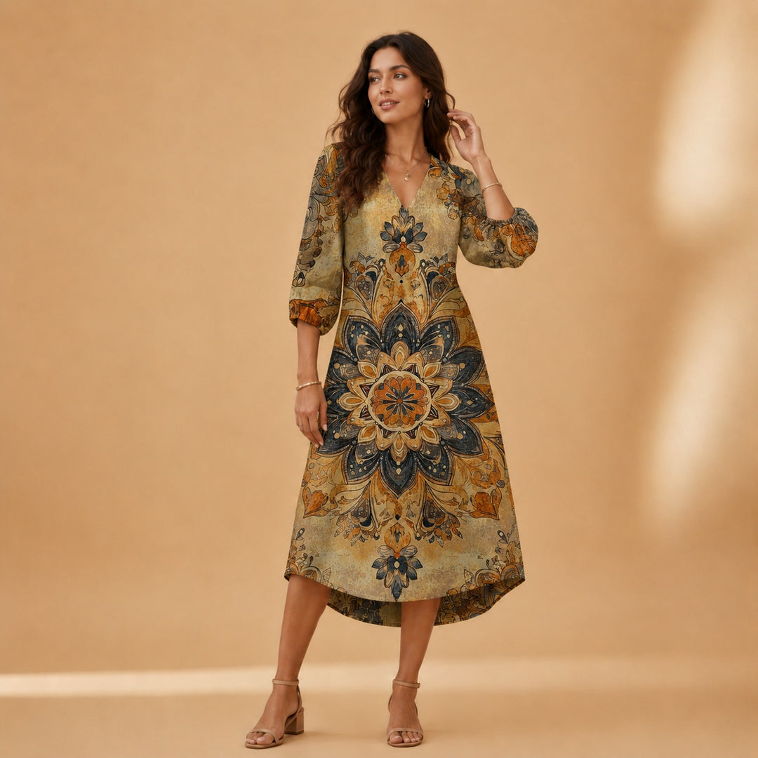 Cristina | Vestido Midi de Linho Estampado Mulher Decote V