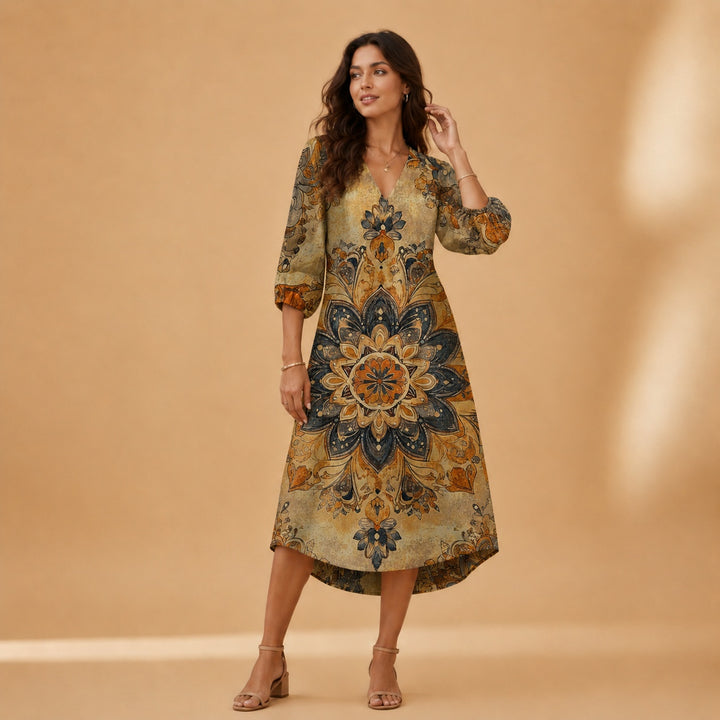 Cristina | Vestido Midi de Linho Estampado Mulher Decote V