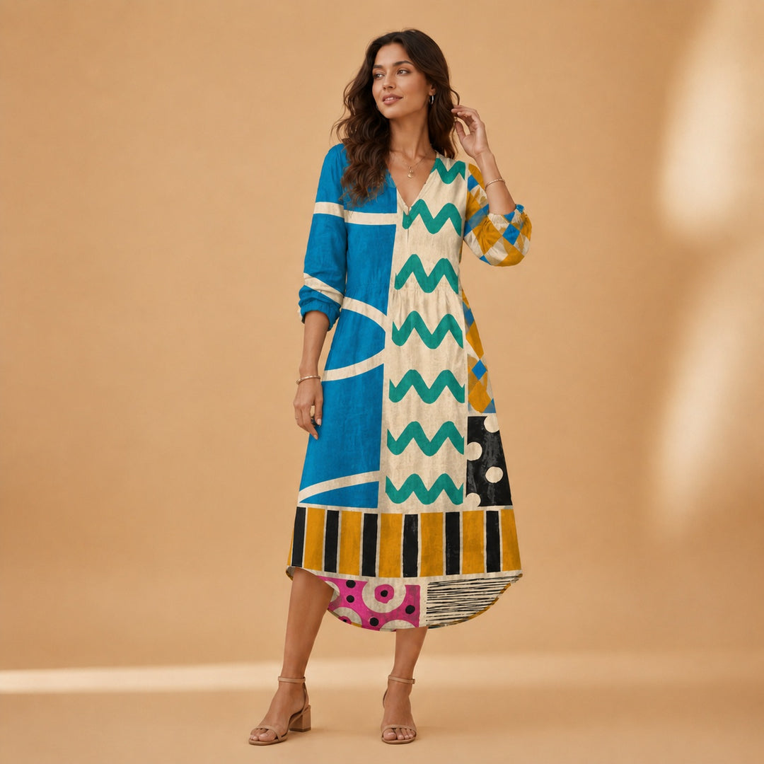 Cristina | Vestido Midi de Linho Estampado Mulher Decote V