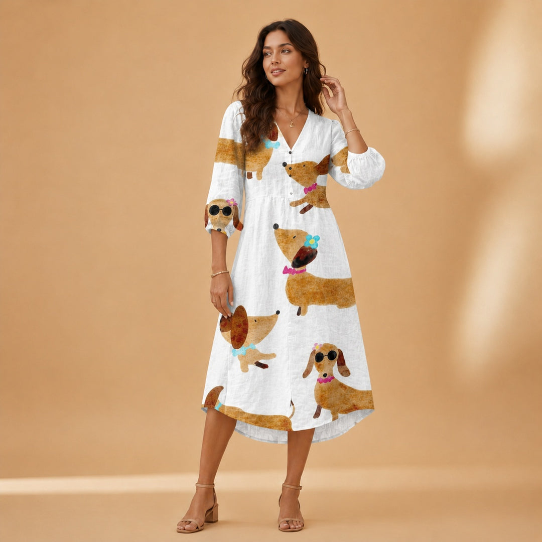 Cristina | Vestido Midi de Linho Estampado Mulher Decote V