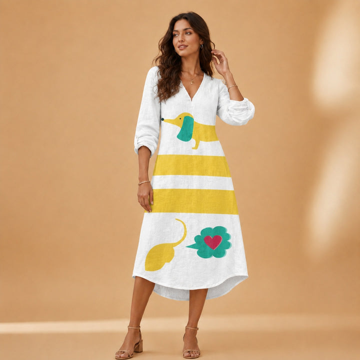 Cristina | Vestido Midi de Linho Estampado Mulher Decote V