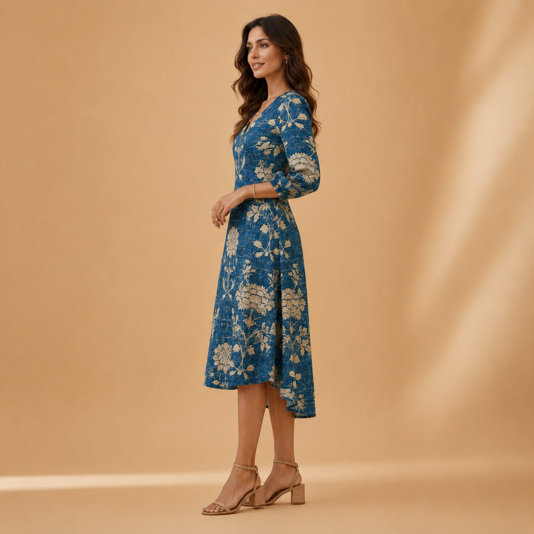 Cristina | Vestido Midi de Linho Estampado Mulher Decote V