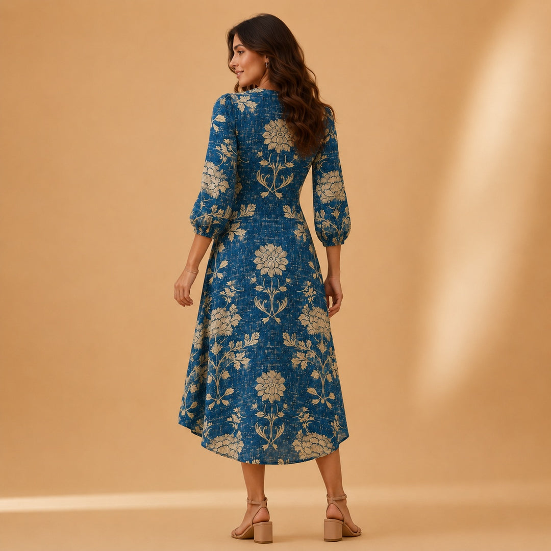 Cristina | Vestido Midi de Linho Estampado Mulher Decote V