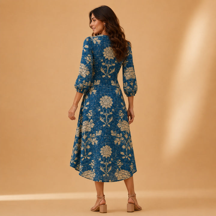 Cristina | Vestido Midi de Linho Estampado Mulher Decote V