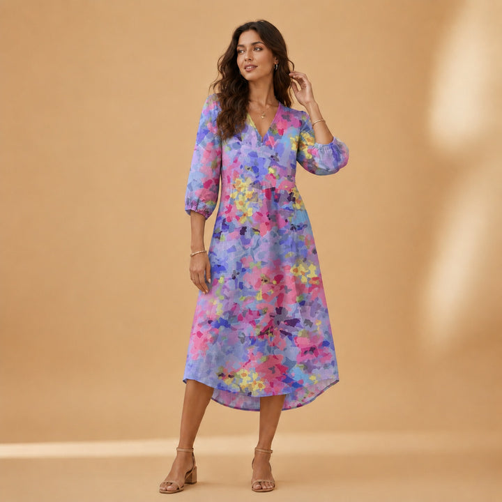Cristina | Vestido Midi de Linho Estampado Mulher Decote V