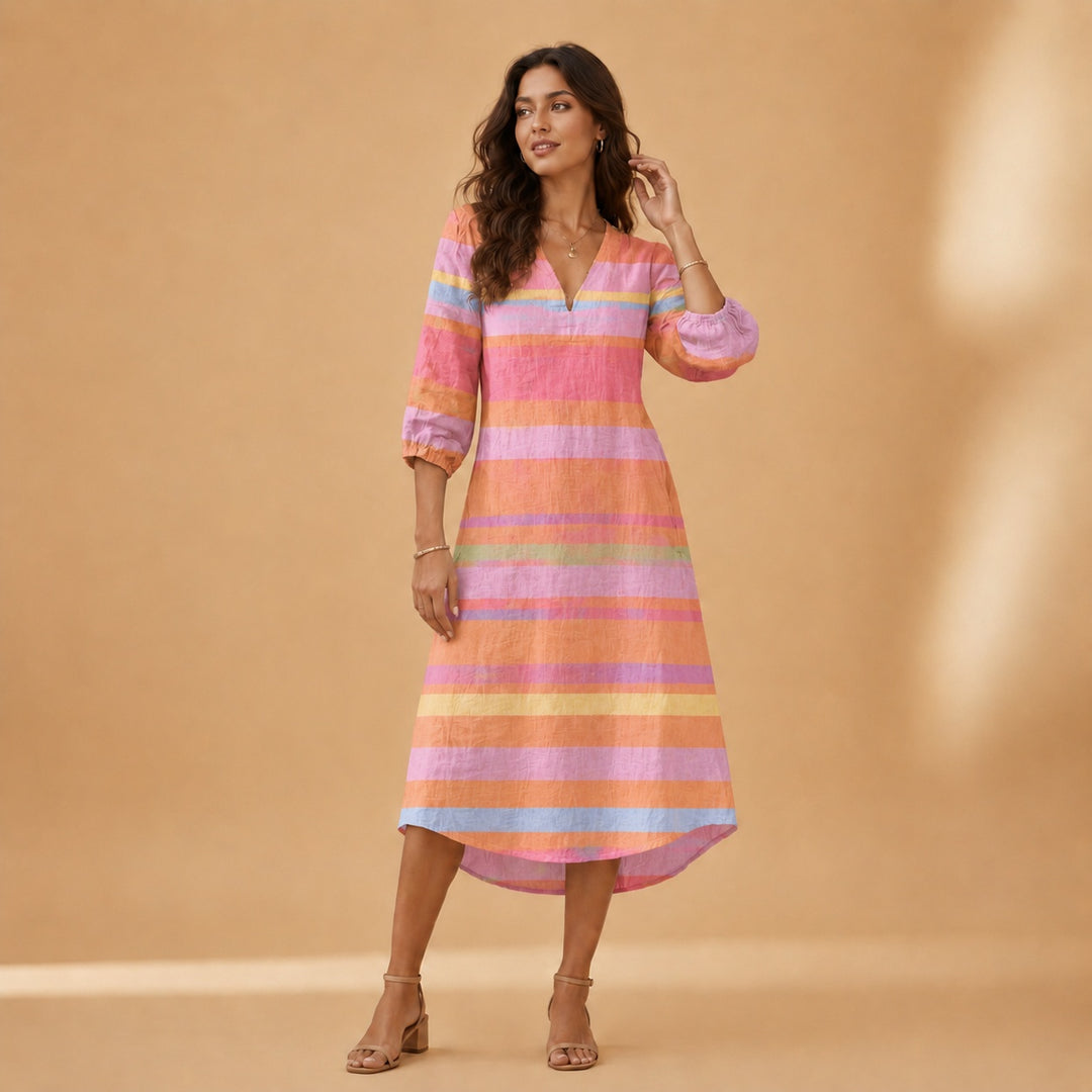 Cristina | Vestido Midi de Linho Estampado Mulher Decote V