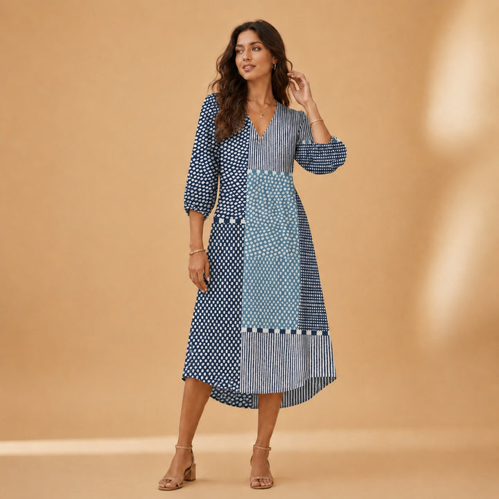 Cristina | Vestido Midi de Linho Estampado Mulher Decote V