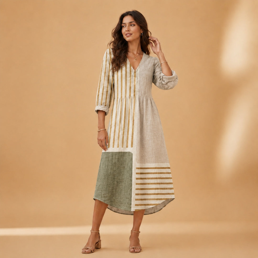 Cristina | Vestido Midi de Linho Estampado Mulher Decote V