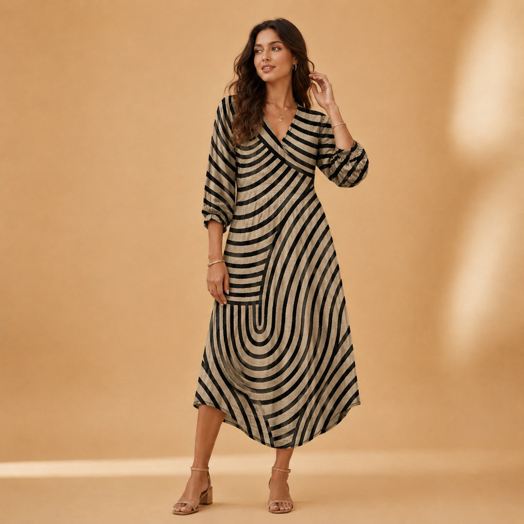 Cristina | Vestido Midi de Linho Estampado Mulher Decote V