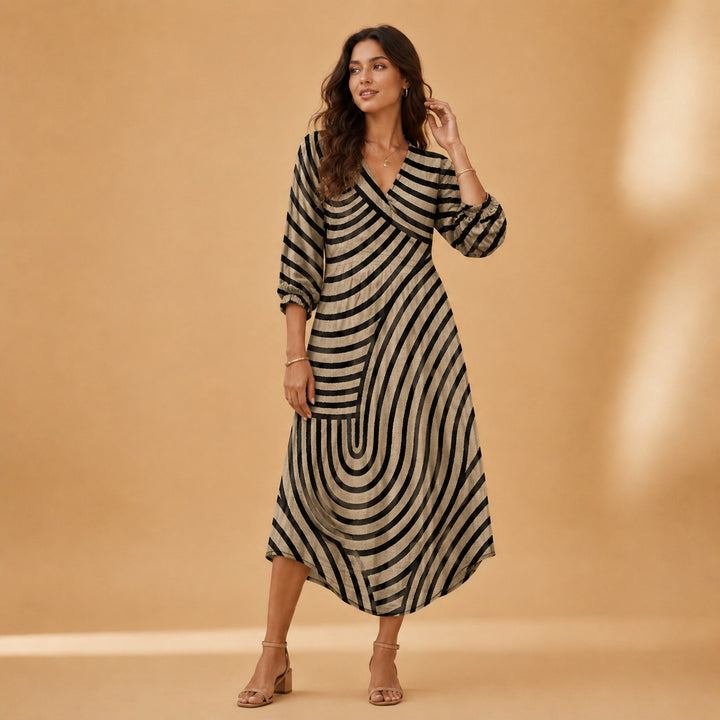 Cristina | Vestido Midi de Linho Estampado Mulher Decote V
