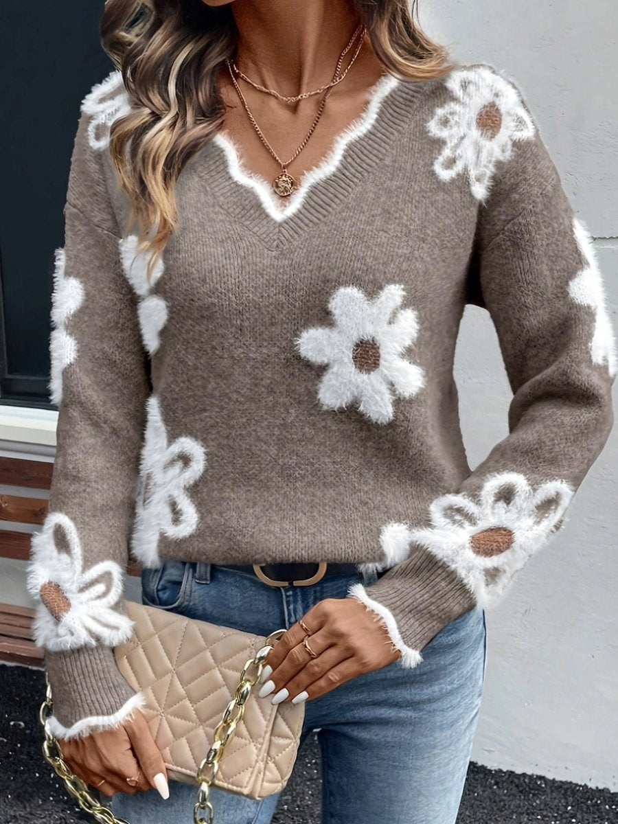 Daniela | Camisola de Malha Floral Mulher Decote em V Padrão Margaridas
