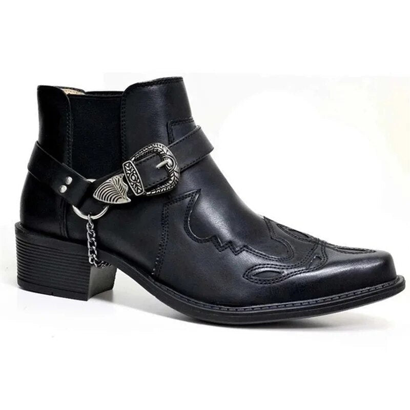Dinis | Botas Cowboy Homem Botins de Pele Fivela e Corrente