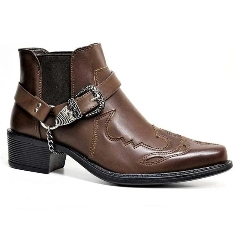 Dinis | Botas Cowboy Homem Botins de Pele Fivela e Corrente