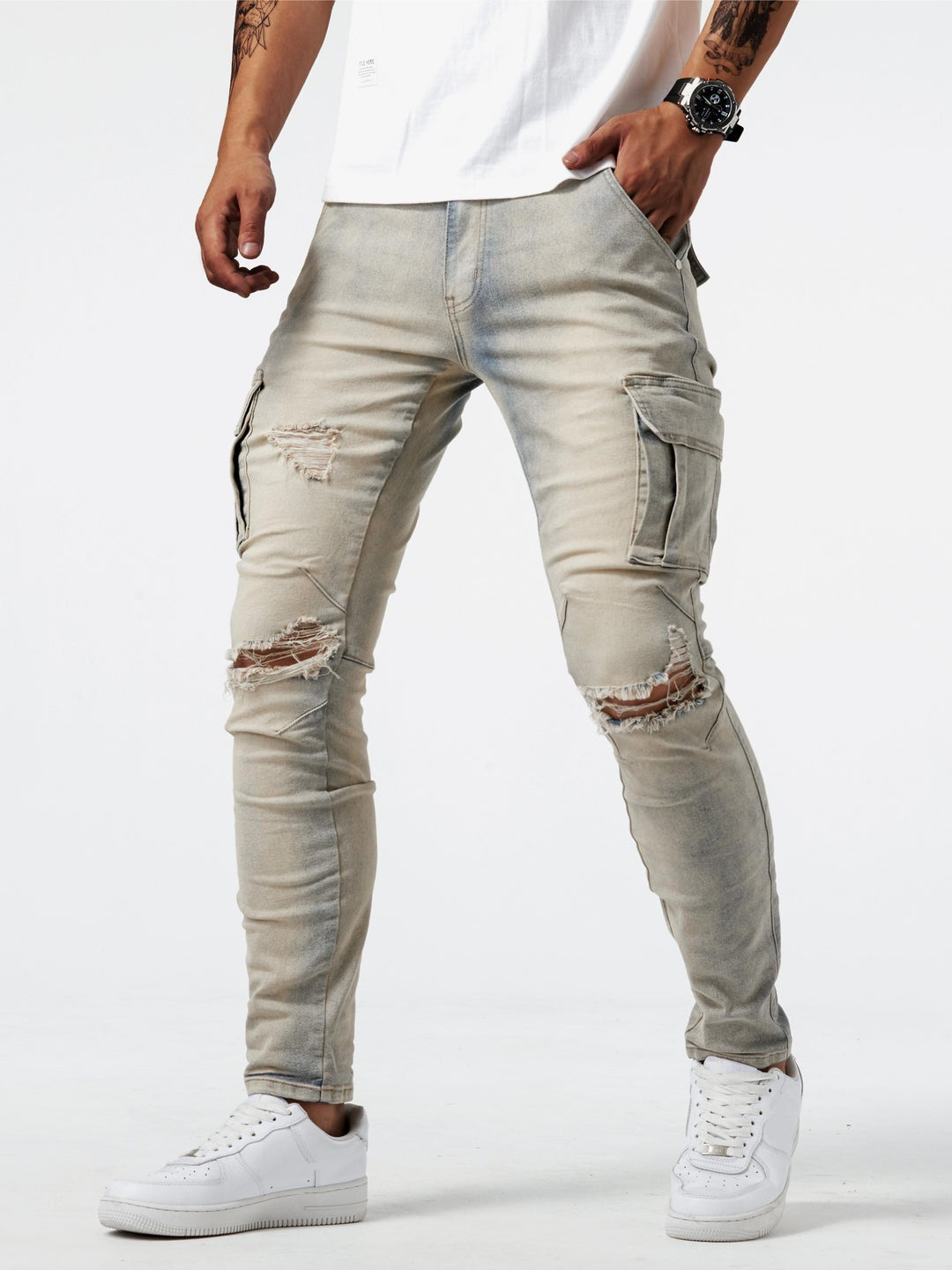 Dinis | Calças de Ganga Homem Cargo Slim Fit Multi-Bolsos