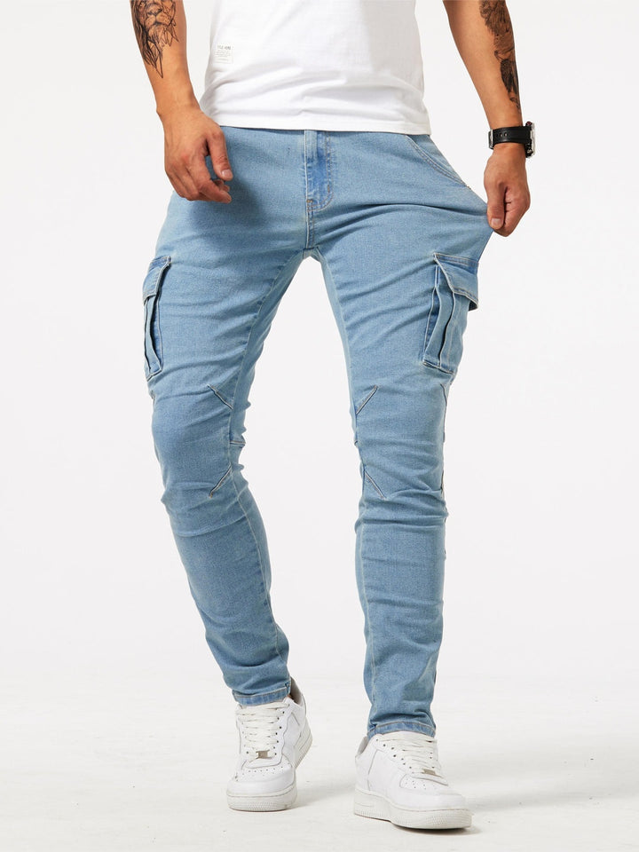 Dinis | Calças de Ganga Homem Cargo Slim Fit Multi-Bolsos