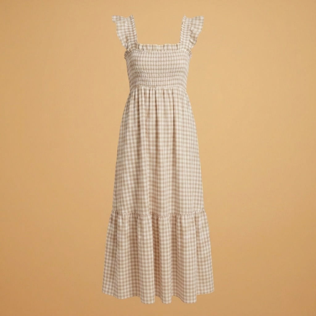 Dulce | Vestido Comprido Xadrez Mulher Alças Folhos