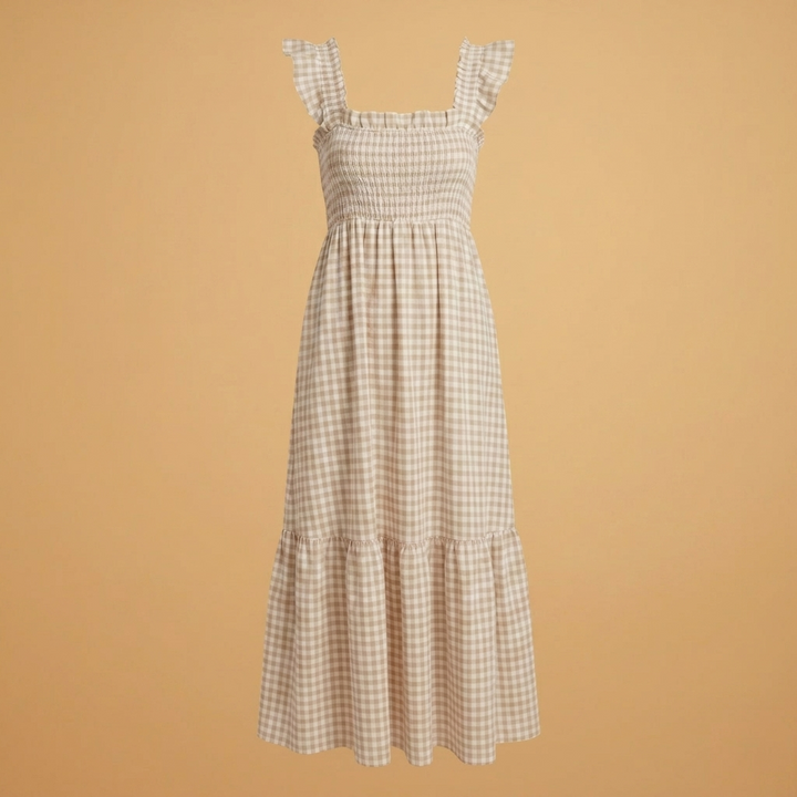 Dulce | Vestido Comprido Xadrez Mulher Alças Folhos