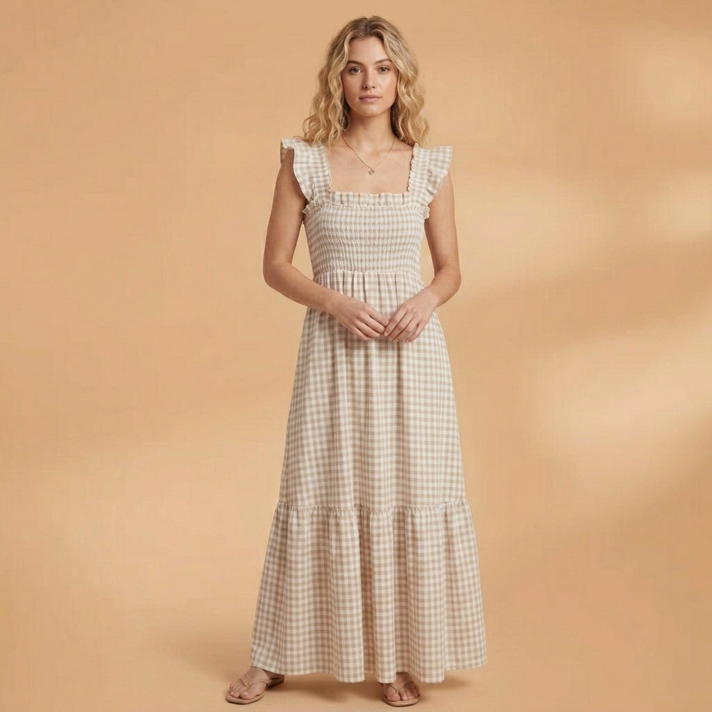 Dulce | Vestido Comprido Xadrez Mulher Alças Folhos