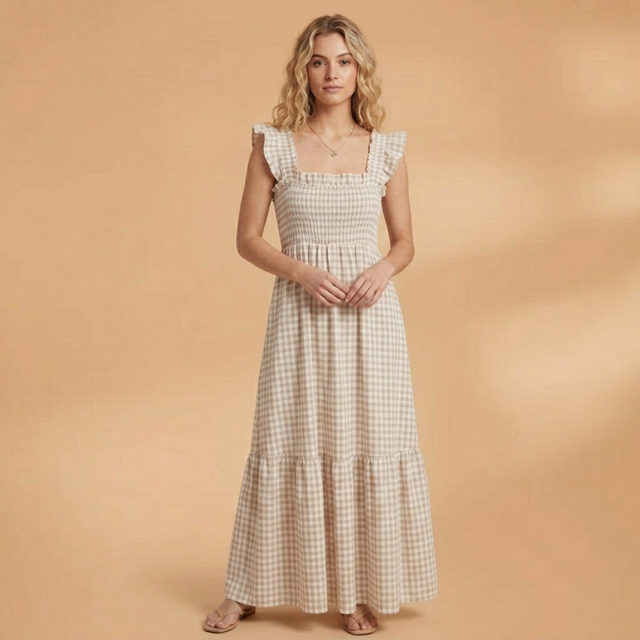 Dulce | Vestido Comprido Xadrez Mulher Alças Folhos