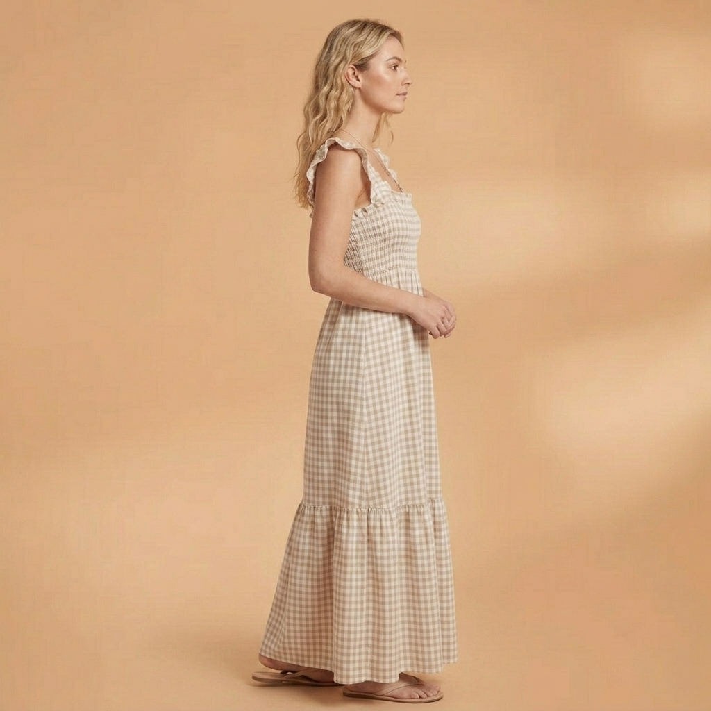 Dulce | Vestido Comprido Xadrez Mulher Alças Folhos