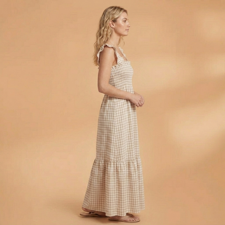 Dulce | Vestido Comprido Xadrez Mulher Alças Folhos