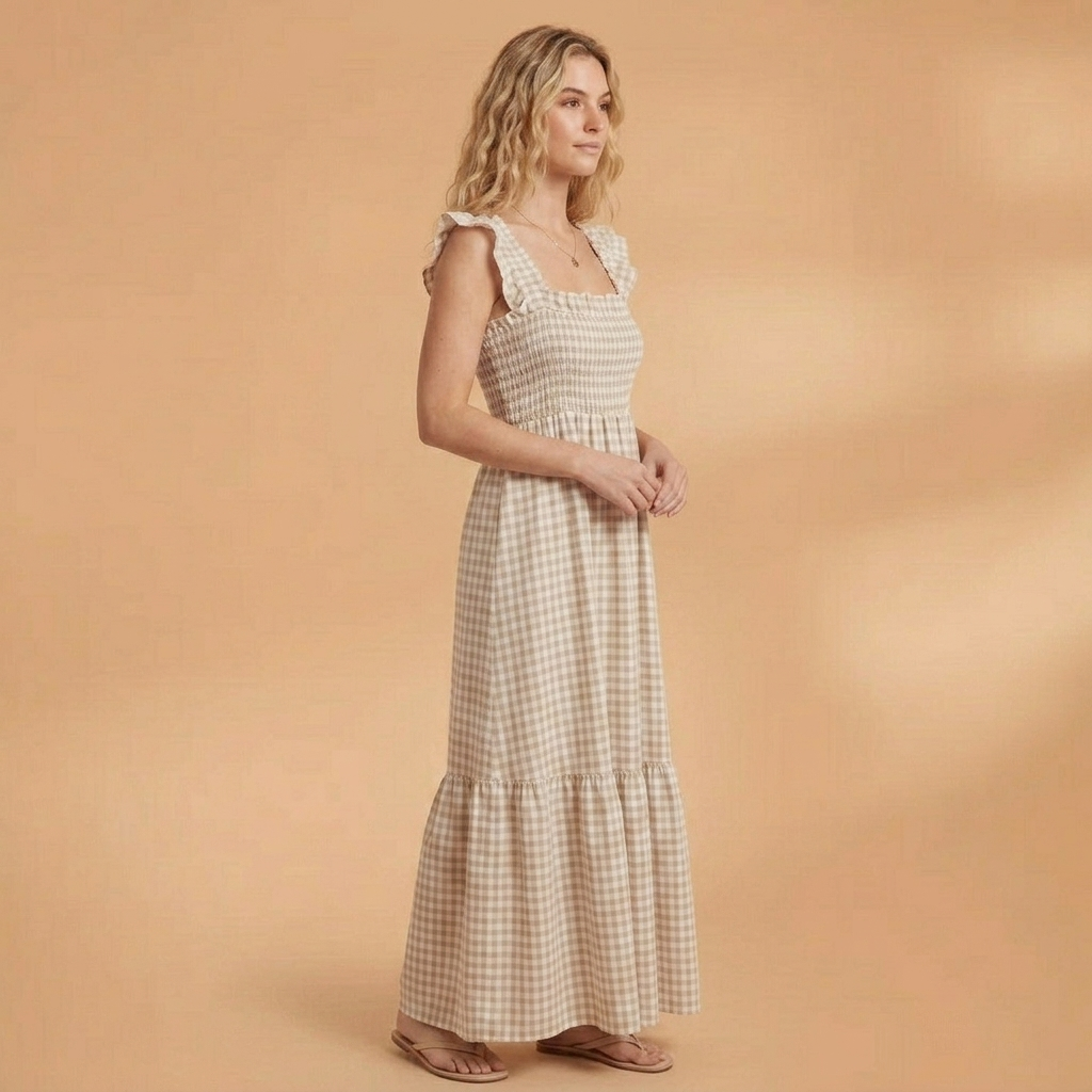 Dulce | Vestido Comprido Xadrez Mulher Alças Folhos