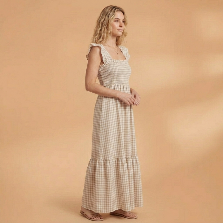 Dulce | Vestido Comprido Xadrez Mulher Alças Folhos