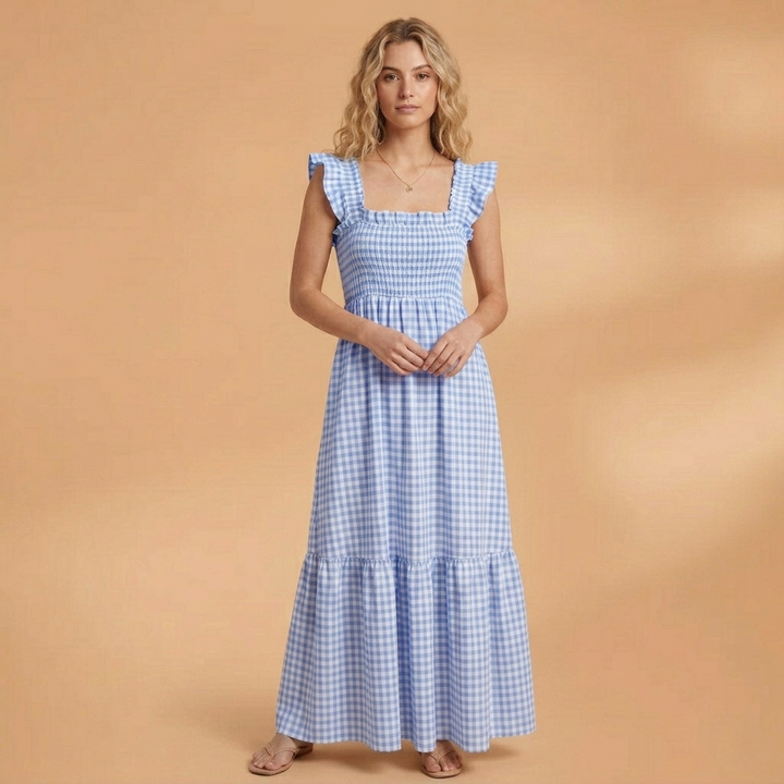 Dulce | Vestido Comprido Xadrez Mulher Alças Folhos