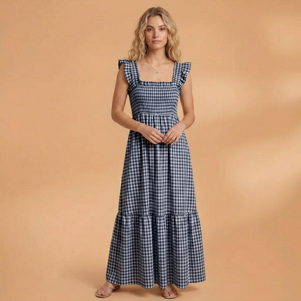 Dulce | Vestido Comprido Xadrez Mulher Alças Folhos